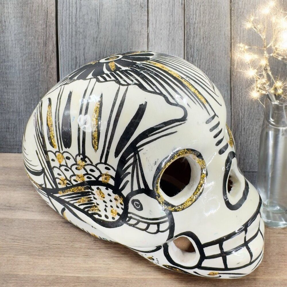 Mexican RedWare Pottery Skull Figurine Day of The Dead Hand Made White Black VTG